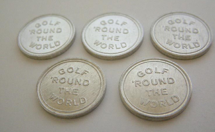 5 vintage Pan Am airline plane aluminium GOLF ROUND THE WORLD token coins